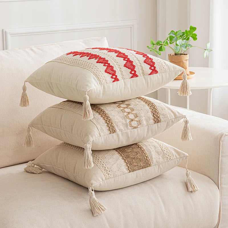 Afralia™ Boho Geometric Tassel Cushion Cover Cotton Linen Crochet Pillowcase