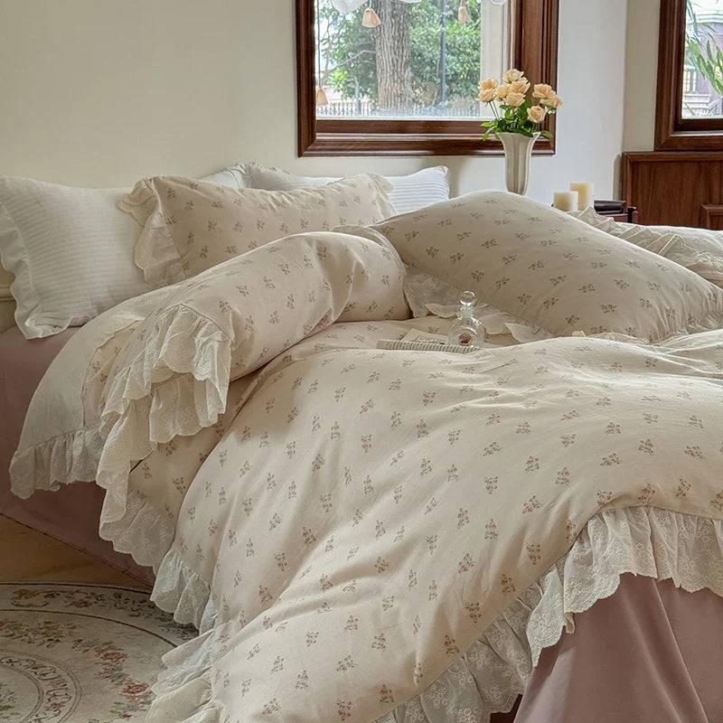 Afralia™ Elegant Floral Lace Ruffles Bedding Set with Double Yarn - Soft Cotton Blend