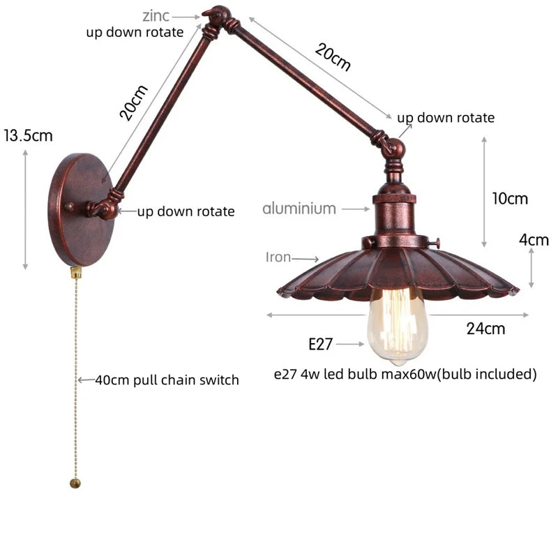 Afralia™ Vintage Loft LED Wall Lights with Pull Chain Switch for Bathroom Mirror, Stair, Living Room