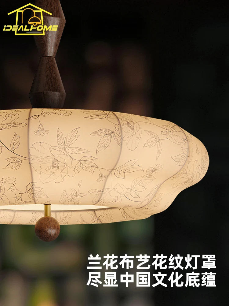 Afralia™ Retro Solid Wood Fabric Hanging Lamp LED E27 Medieval Romantic Bedroom Decor