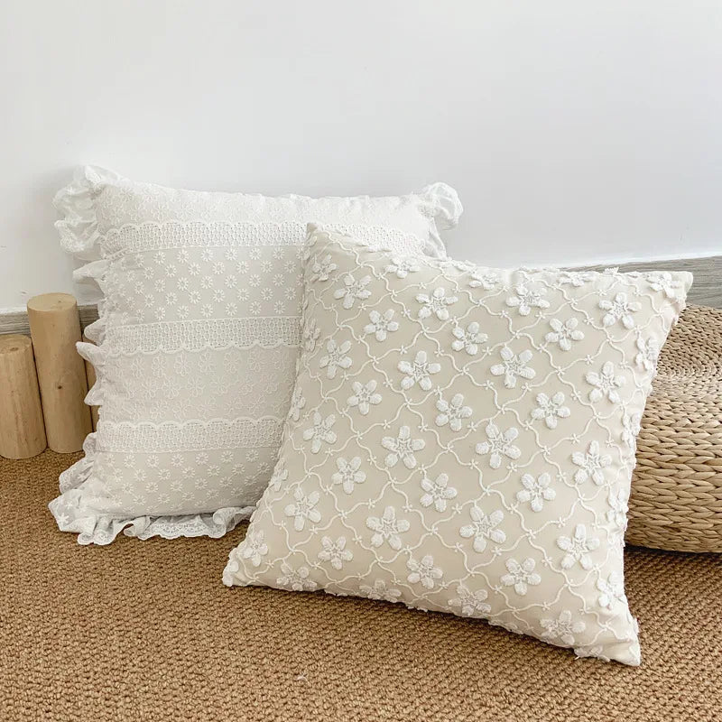 Afralia™ Boho White Lace Floral Sofa Cushion Cover Wedding Decor Throw Pillows