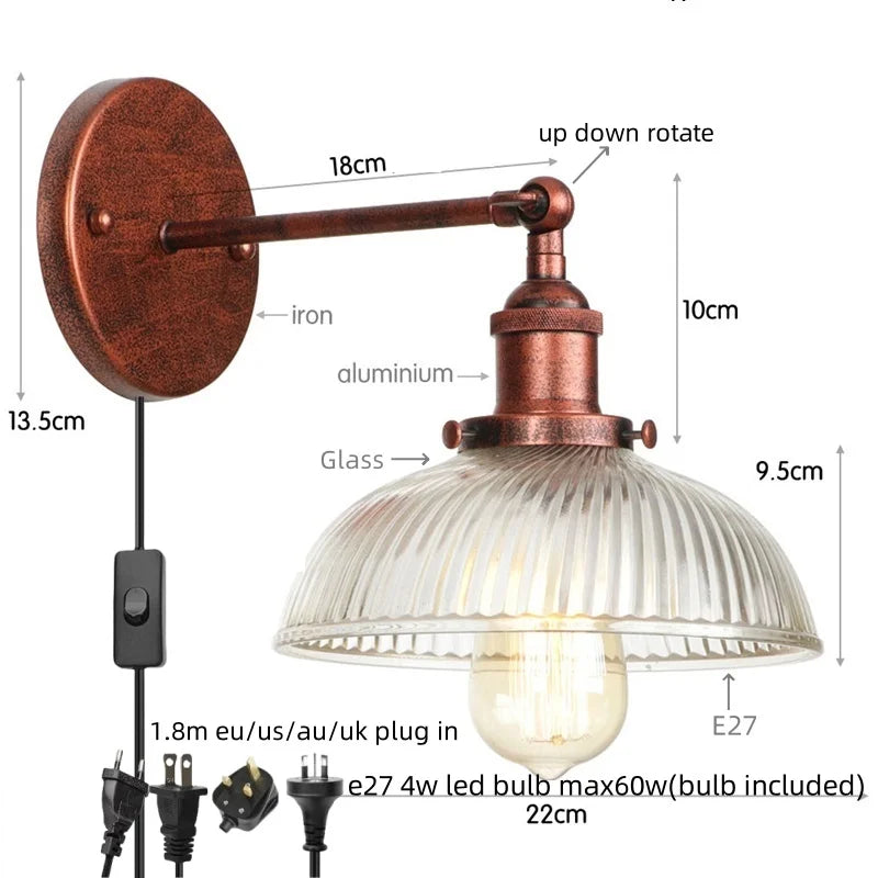 Afralia™ Black LED Wall Lamp Vintage Style Iron Bedside Light Glass Wall Sconce
