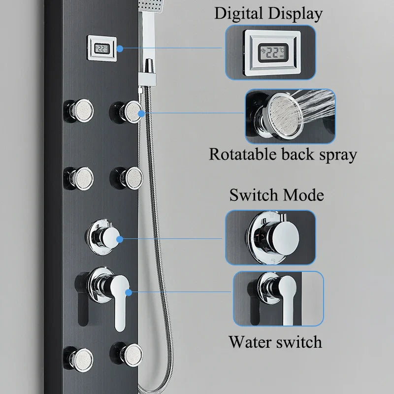 Afralia™ Black Shower Panel Column Wall Mount Rainfall Waterfall Faucet Hot Cold Mixer Tap
