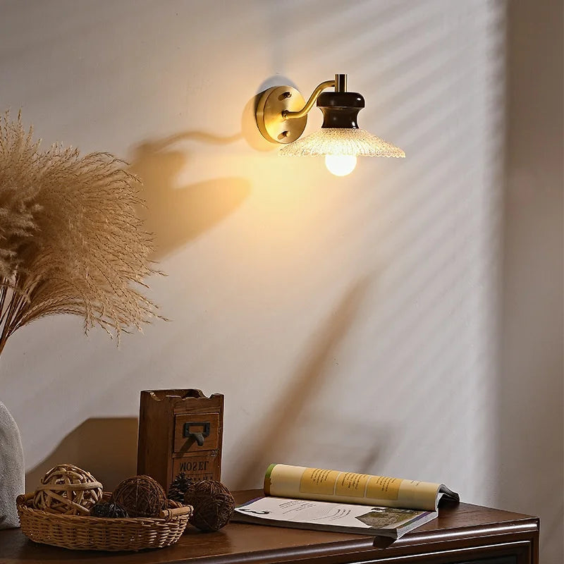 Afralia™ Wood Handled Copper Arm LED Wall Light - Vintage Bedside Lamp