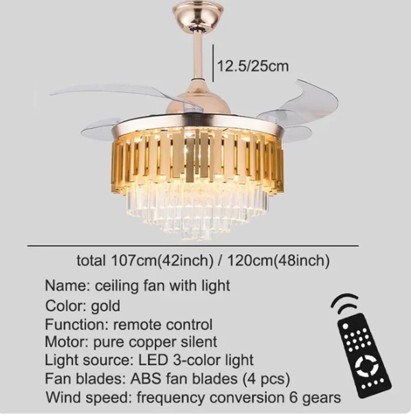 Modern Crystal Ceiling Fan with LED Chandelier & Remote Control, Retractable Blades by Afralia™