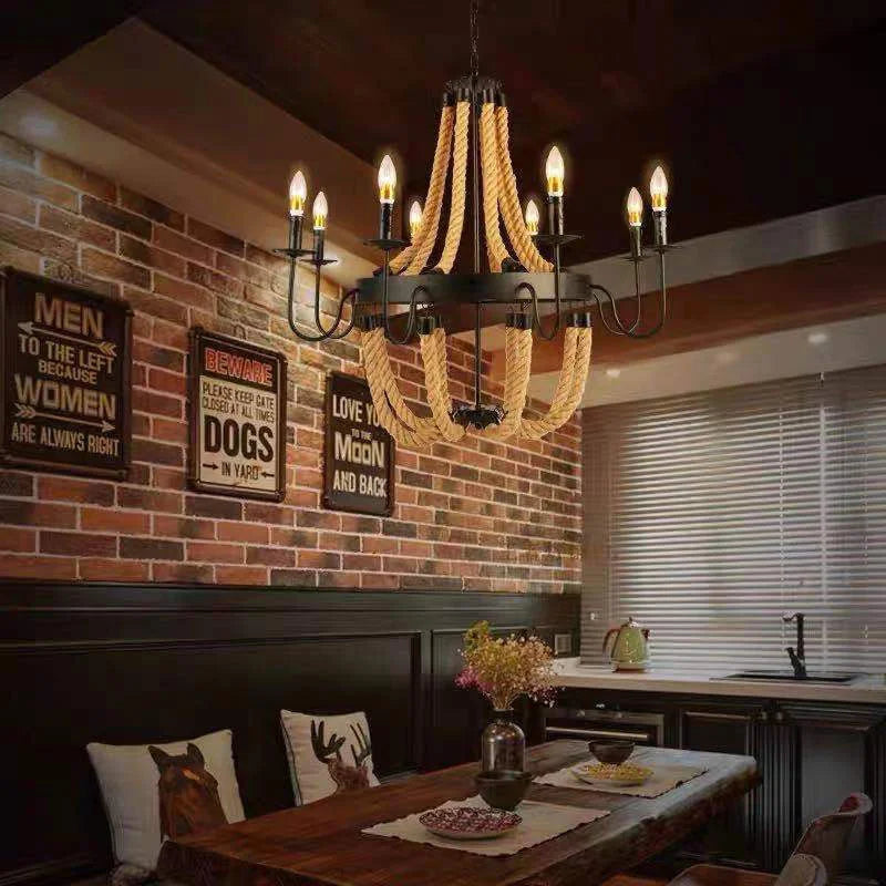 Afralia™ Hemp Rope Ceiling Chandelier Vintage Pendant Lamp for Dining Room & Living Room