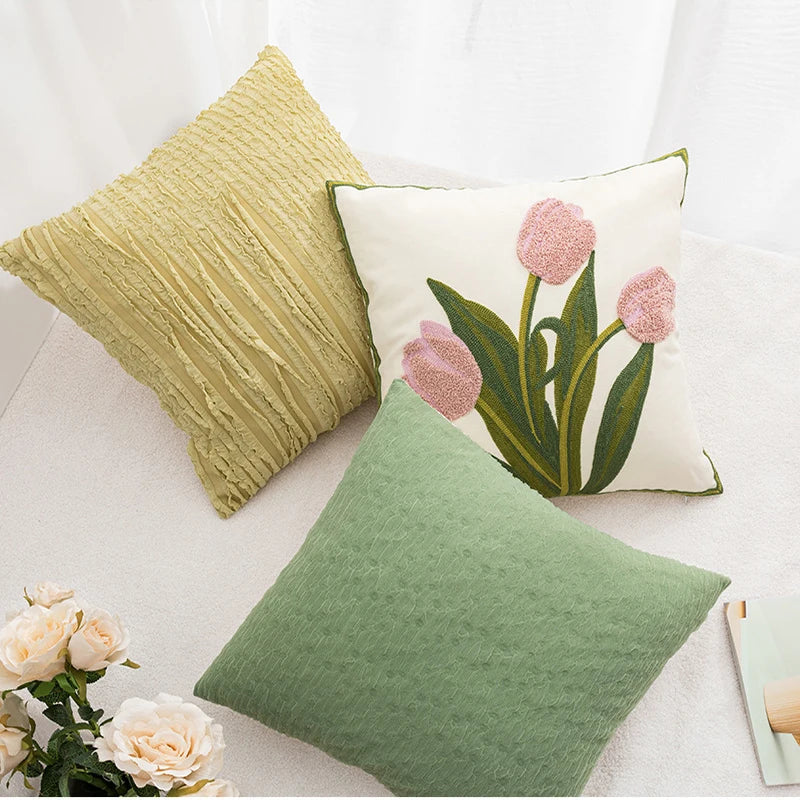 Afralia™ Pink Flower Embroidery Decorative Pillow Cover for Home Sofa Decor