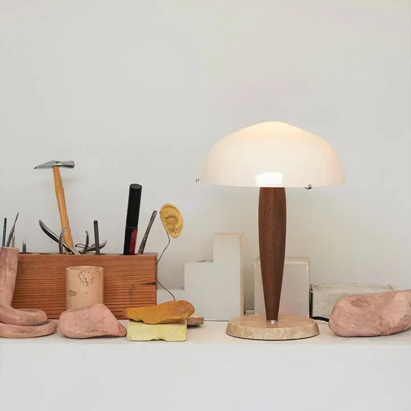 Afralia™ SHY3 Walnut Wood Desk Lamp Glass Shade Marble Base Table Light