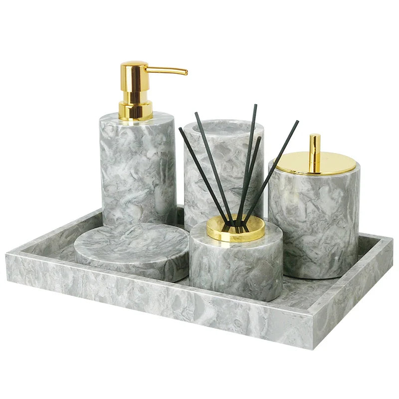 Afralia™ Marble Bathroom Accessories Set - Soap Dispenser, Toothbrush Holder, Cup, Toilet Brush