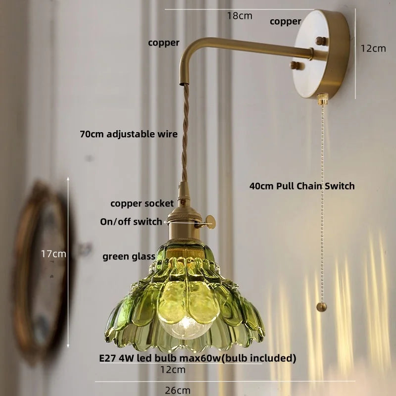 Afralia™ Amber Glass LED Wall Sconce, Brass Finish, Adjustable Wire, Modern Nordic Style