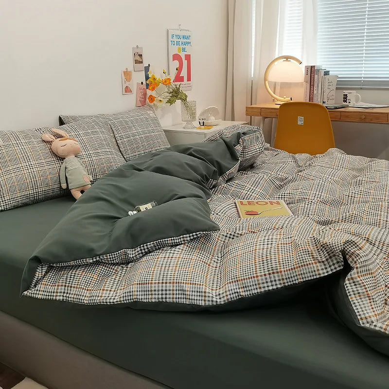 Afralia™ Striped Grid Printed Bedding Sets: Japanese Comfort for Summer