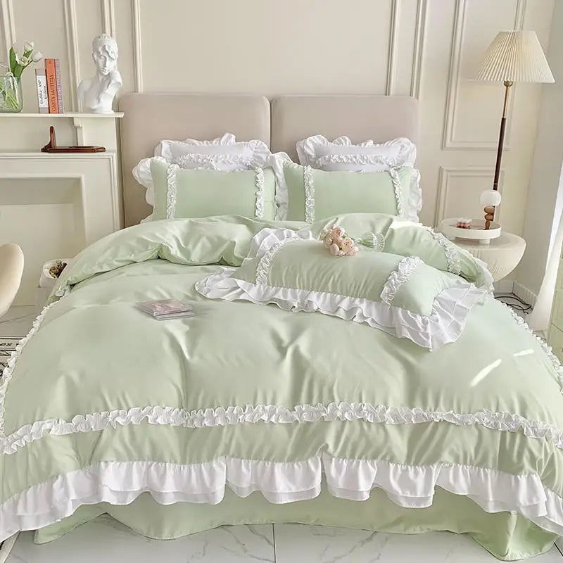 Afralia™ Korean Princess Lolita Bed 4-Piece Set in Solid Washed Cotton