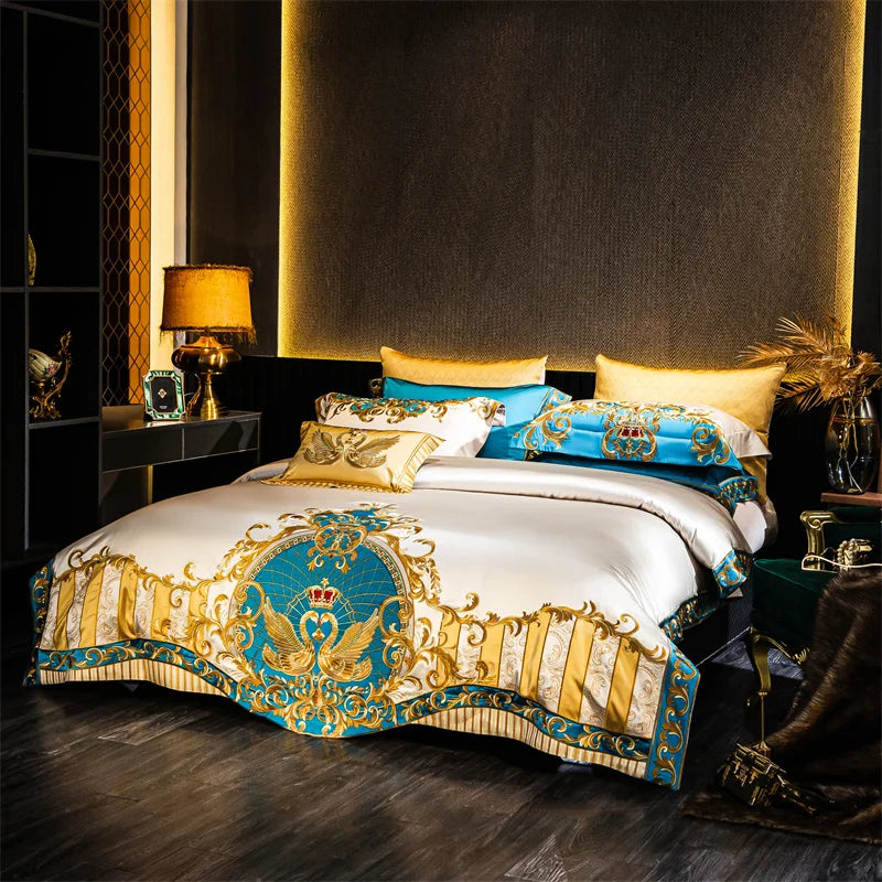 Afralia™ Embroidered Gold Blue Brocade Cotton Bedding Set with Duvet Cover, Sheets, Pillowcases