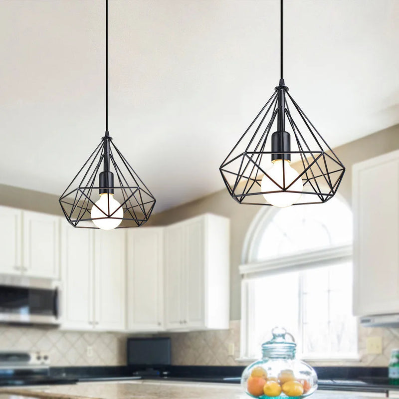 Afralia™ Industrial Iron Cage Pyramid Pendant Lamp for Kitchen Bedroom Living Room