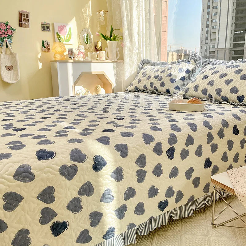 Afralia™ Quilted Ruffles Queen Bedding Set with Pillowcases, 3-Piece Korea Style