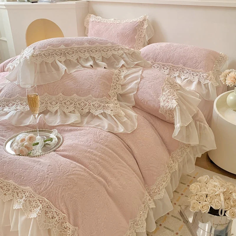 Afralia™ French Lace Ruffles Velvet Bedding Set, Furry Duvet, Sheet, Pillowcases
