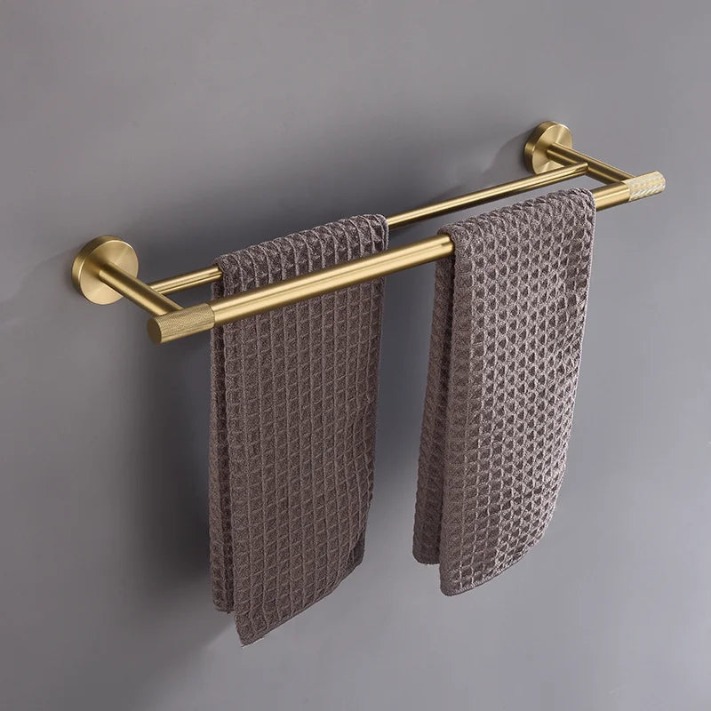 Afralia™ Brushed Gold Brass Bathroom Accessories Set: Hand Towel Bar, Toilet Paper Holder, Robe Hook