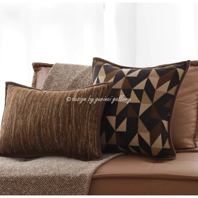 Afralia™ Geometric Brown Leather Splicing Throw Pillow Cover 45x45cm Luxe Square Cushion Case