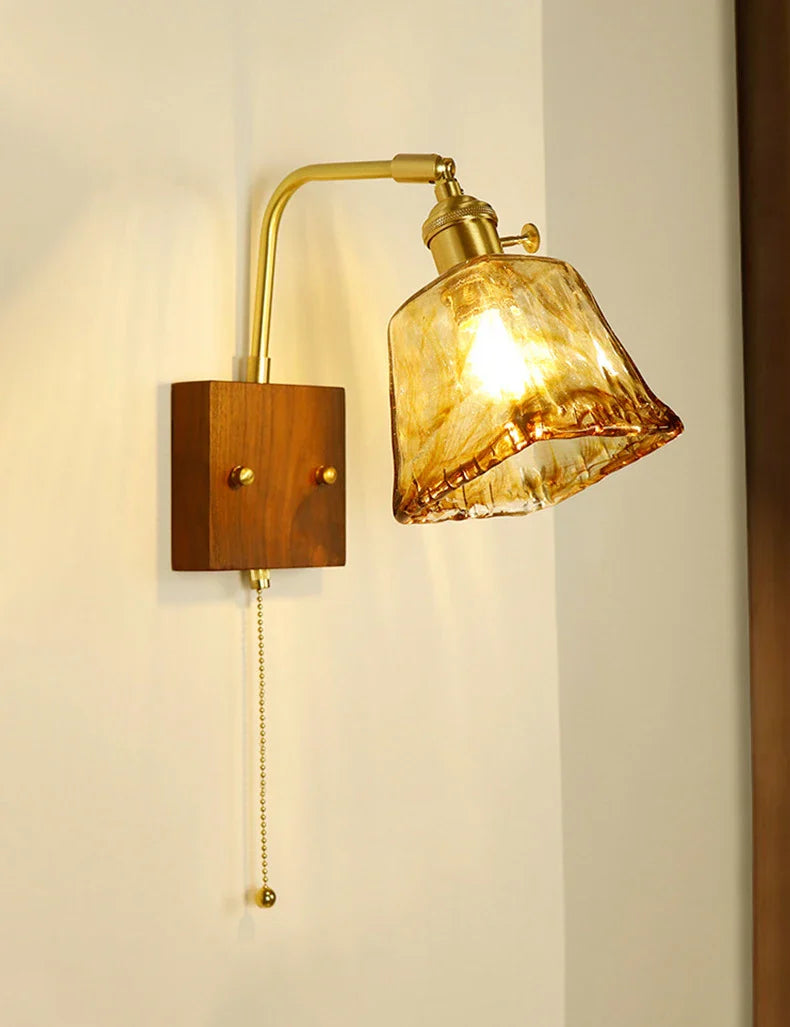 Afralia™ Wooden Brass Glass Wall Lamp Modern Bedroom Bedside Light