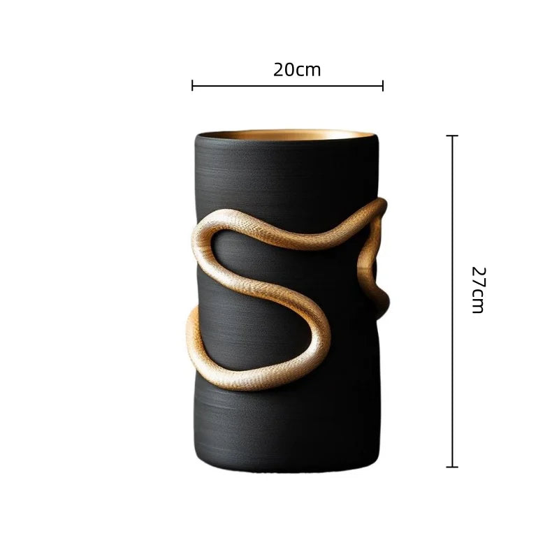Afralia™ Black Snake Pattern Vase with Gold Accents