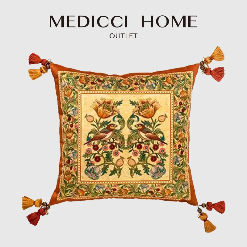 Afralia™ Gobelin Tapestry Style Reversible Cushion Cover with Tassels and Retro Birds Floral Decor