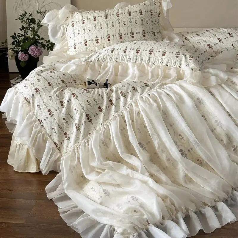 Afralia™ Vintage French Rose Print Princess Bedding Set with Lace Ruffles