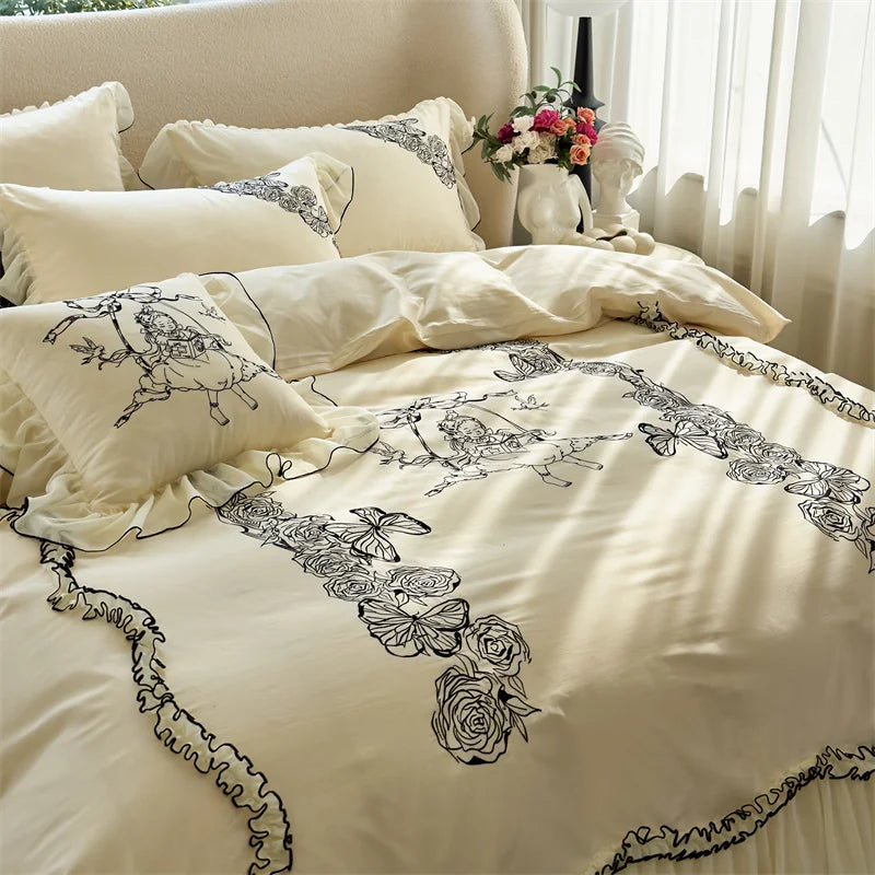 Afralia™ Vintage Rose Butterfly Lace Ruffles Princess Bedding Set: 100S Egyptian Cotton