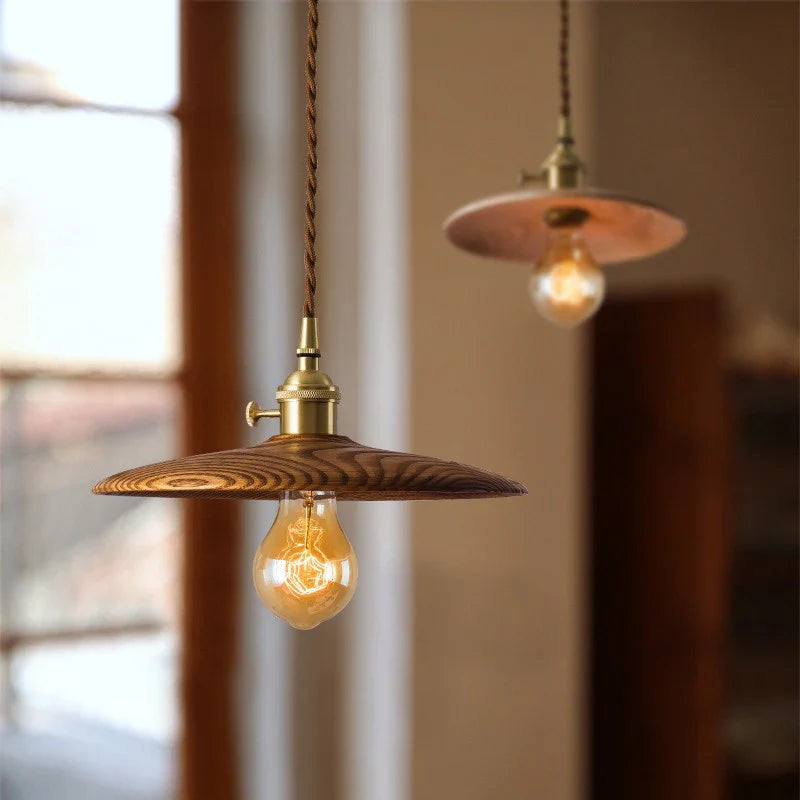 Afralia™ Nordic Wood LED Pendant Lights Vintage Copper Hanging Lamp for Kitchen Living Room