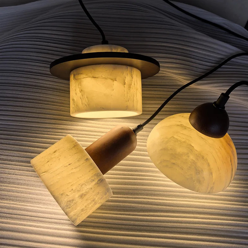 Afralia™ Wabi Sabi LED Pendant Lights Wood White Marble Stone Hanging Lamp
