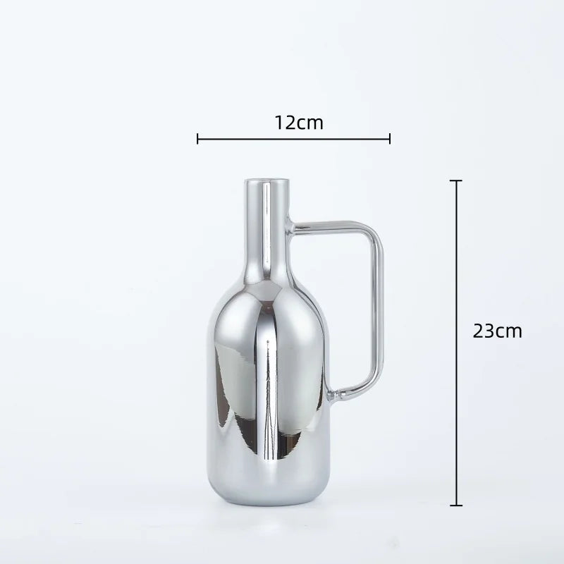 Afralia™ Silver Glass Vase with Geometric Handle for Living Room Dining Kitchen