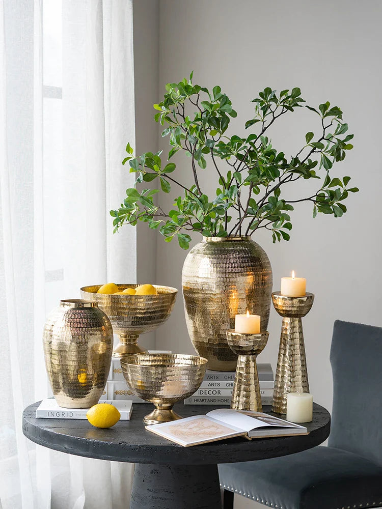 Golden Aluminum Hammered Candle Holder Bowl Vase by Afralia™ for Home Décor Ornaments