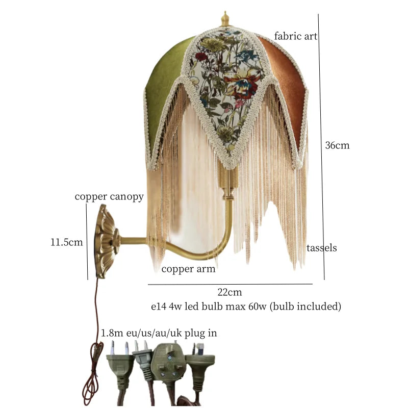 Afralia™ Fabric Tassel LED Wall Lamp Vintage Copper Arm for Bedroom Living Room