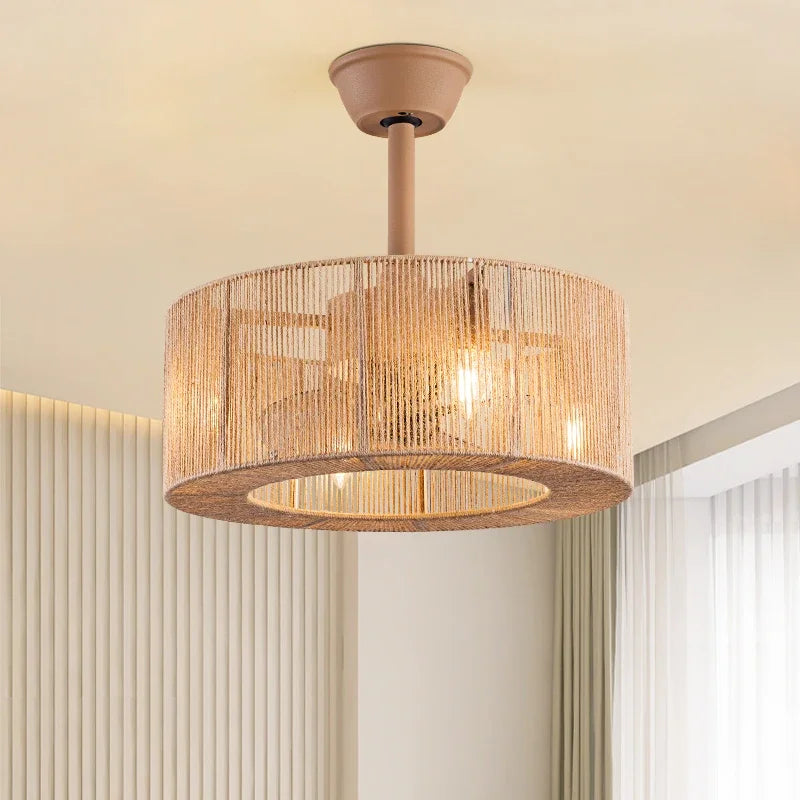 Afralia™ Braided Rope Lantern Ceiling Fan Light: Reversible, Dimmable, 6-Speed Home Decor