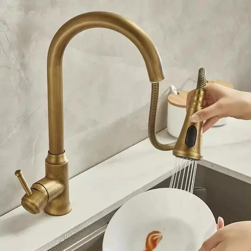 Afralia™ Antique Brass Kitchen Faucet 360° Rotation Sink Mixer Tap - Tuqiu Design