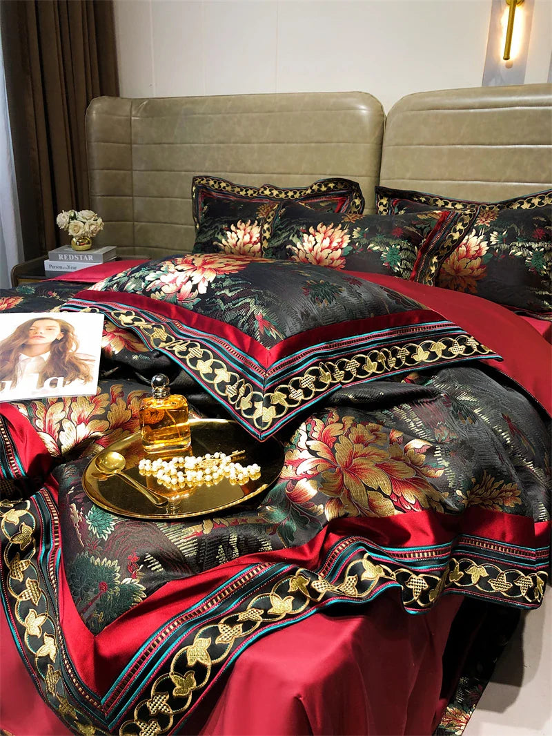 Afralia™ Luxury Brocade Jacquard & Egyptian Cotton Embroidery Bedding Set - Quilt Cover, Sheet, Bedspread & Shams