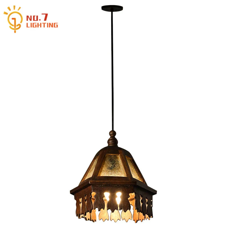 Afralia™ Retro Thai Pendant Lights Solid Wood Glass LED Hanging Lamp