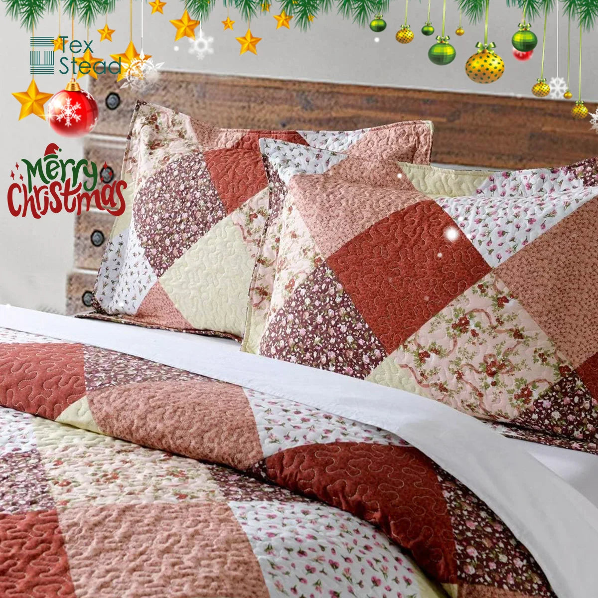Afralia™ Multicolour Floral Patchwork Print Bedspread Set with Two Pillow Shams