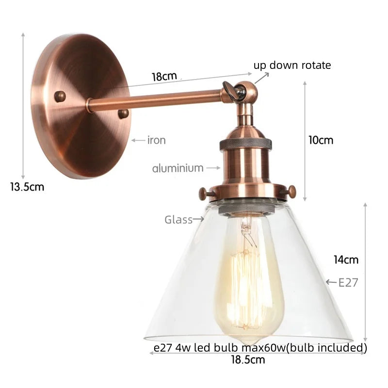 Afralia™ Clear Glass Iron LED Wall Sconce Rustic Industrial Vintage Plug In Light