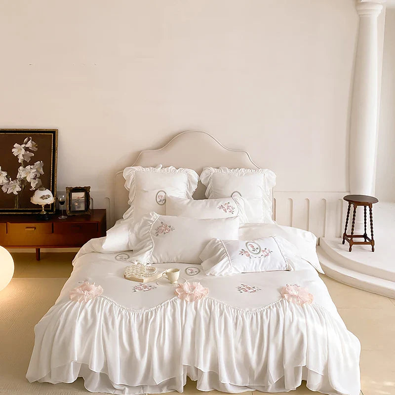 Afralia™ Lace Ruffles Flowers Embroidery 4Pc Egyptian Cotton Bedding Set