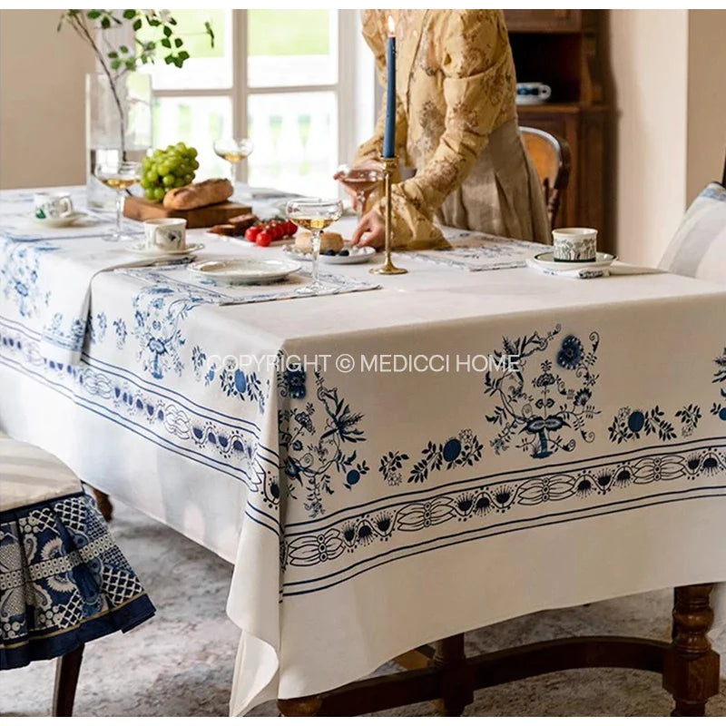 Afralia™ Blue Onion Print Tablecloth Overlay: Luxe French Pastoral Banquet Dining Decoration