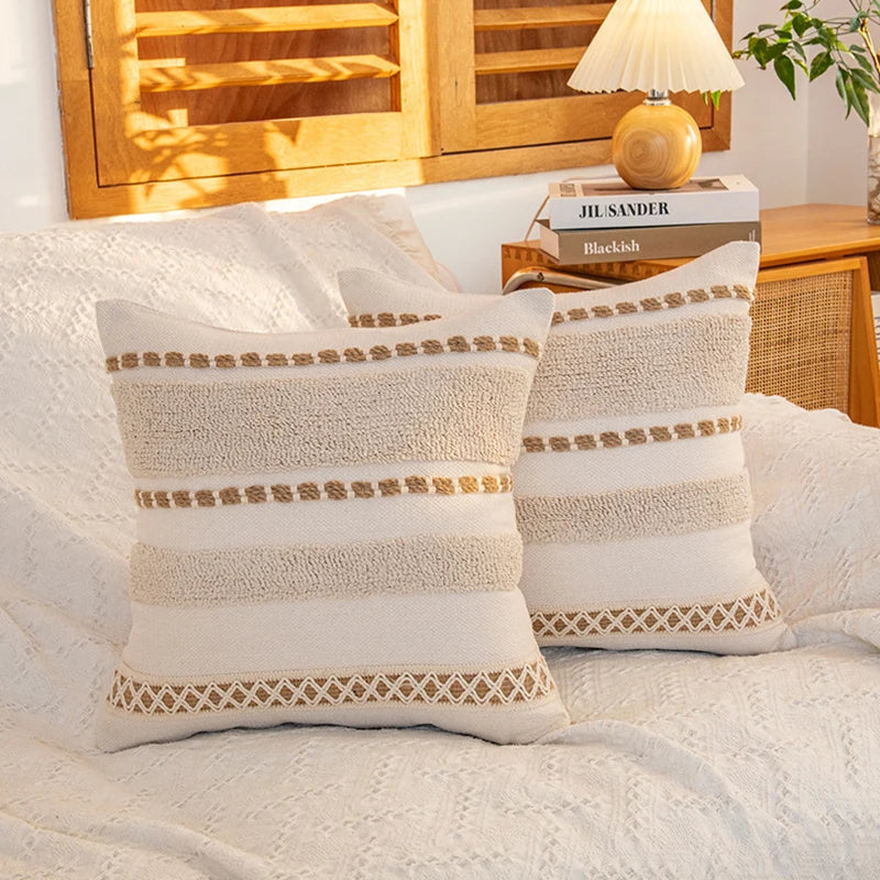 Afralia™ Geometric Tufted Cushion Cover with Handmade Tassels & Patchwork