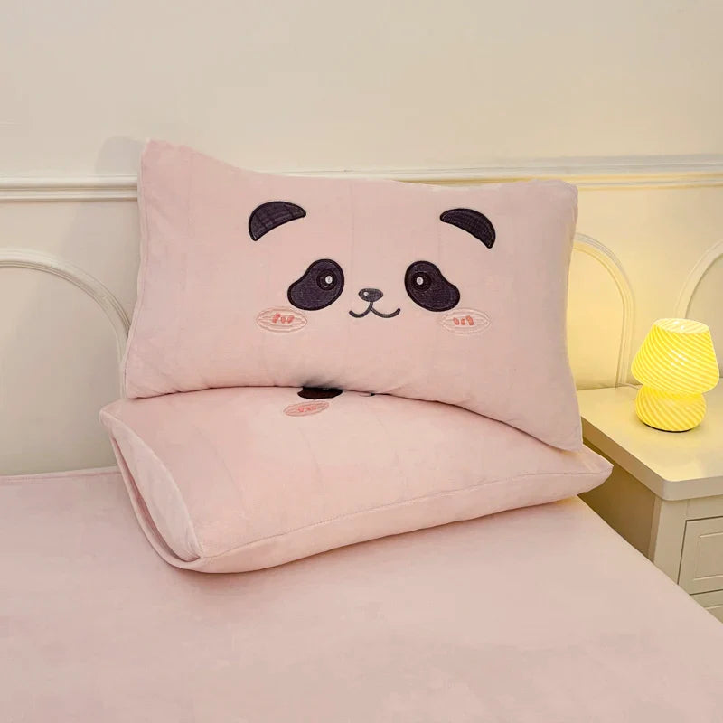 Afralia™ Pink Panda Applique Embroidery Bedding Set Double Queen Duvet Cover Bed Sheet Pillowcases
