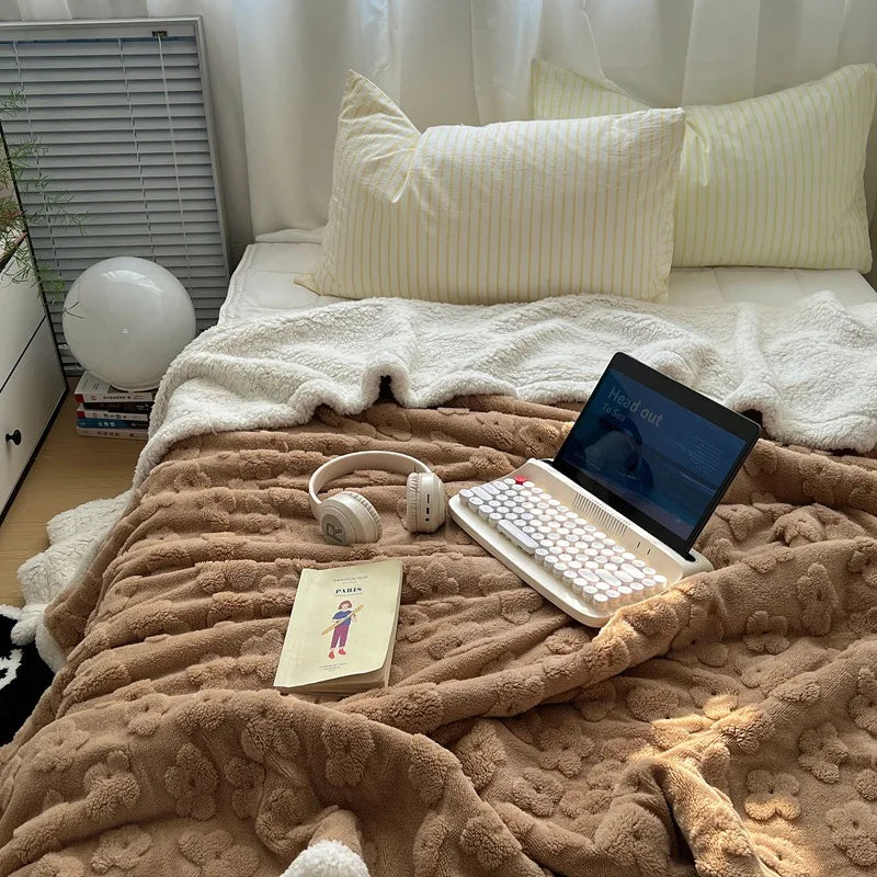 Afralia™ Cozy Lamb Wool Flower Jacquard Blanket: Luxe Solid Color Sofa Quilt for Winter