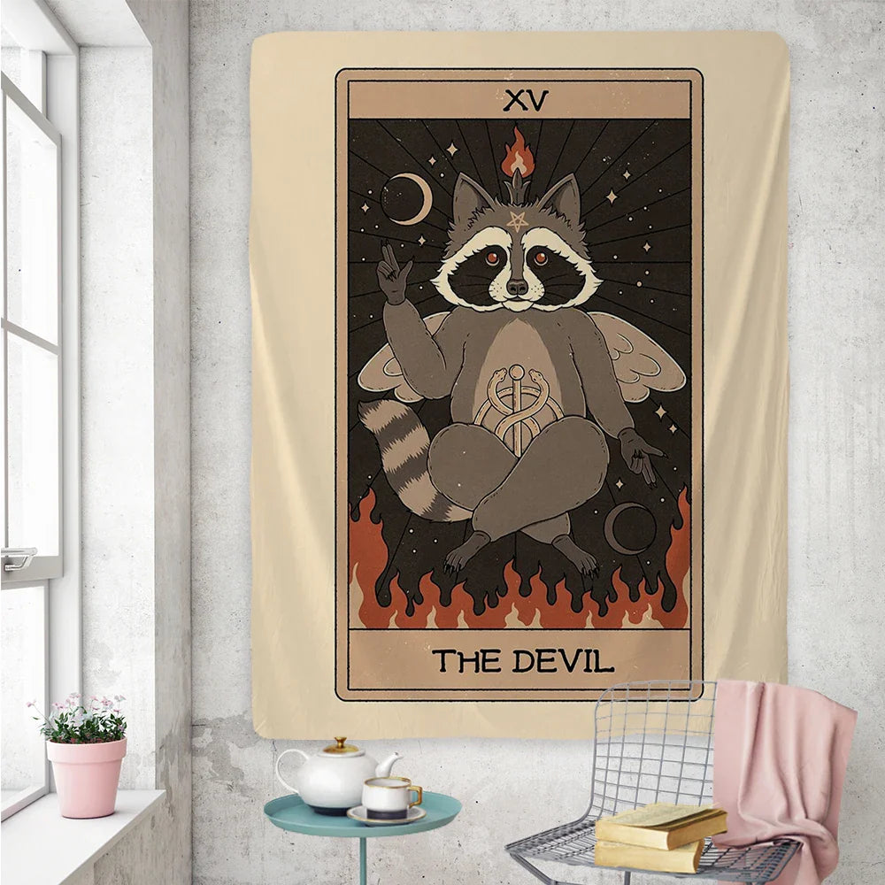 Afralia™ Cute Raccoon Tarot Card Tapestries: Boho Mystery Art for Hippie Home Decor