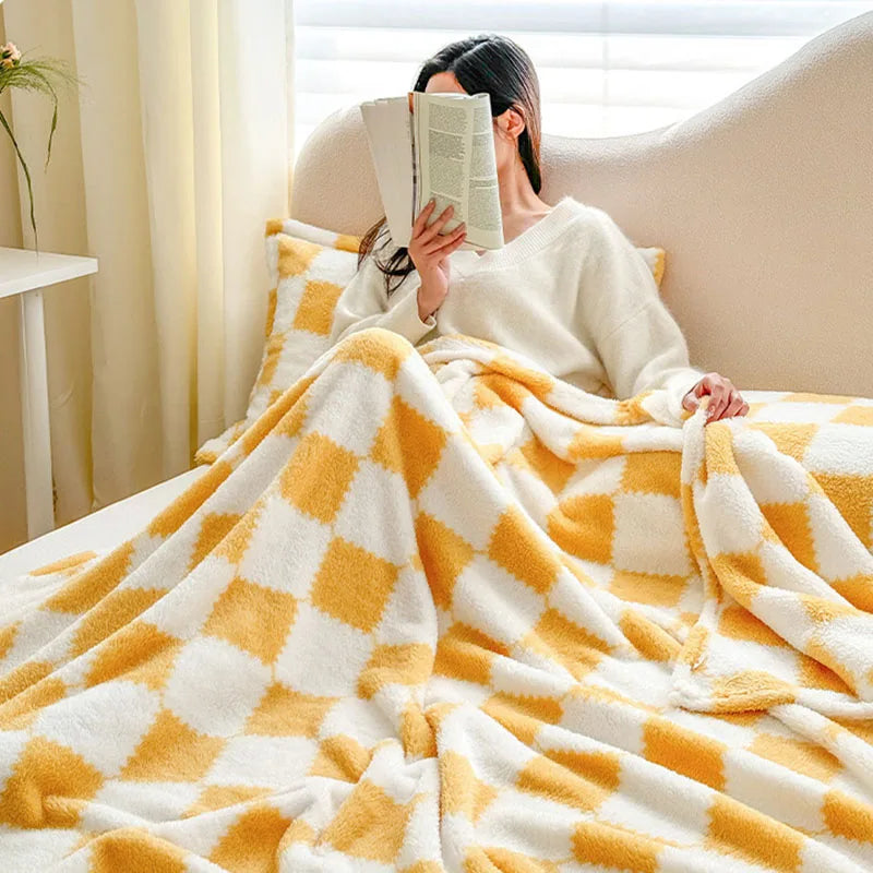 Afralia™ Nordic Grid Checkerboard Coral Fleece Blanket - All Season Sofa Cover for Adults