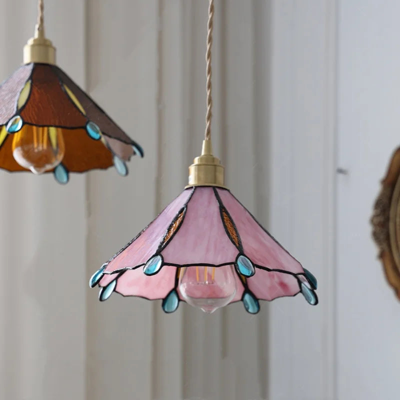 Afralia™ Pink Glass LED Pendant Light Fixture Vintage Style Loft Kitchen Hanging Lamps