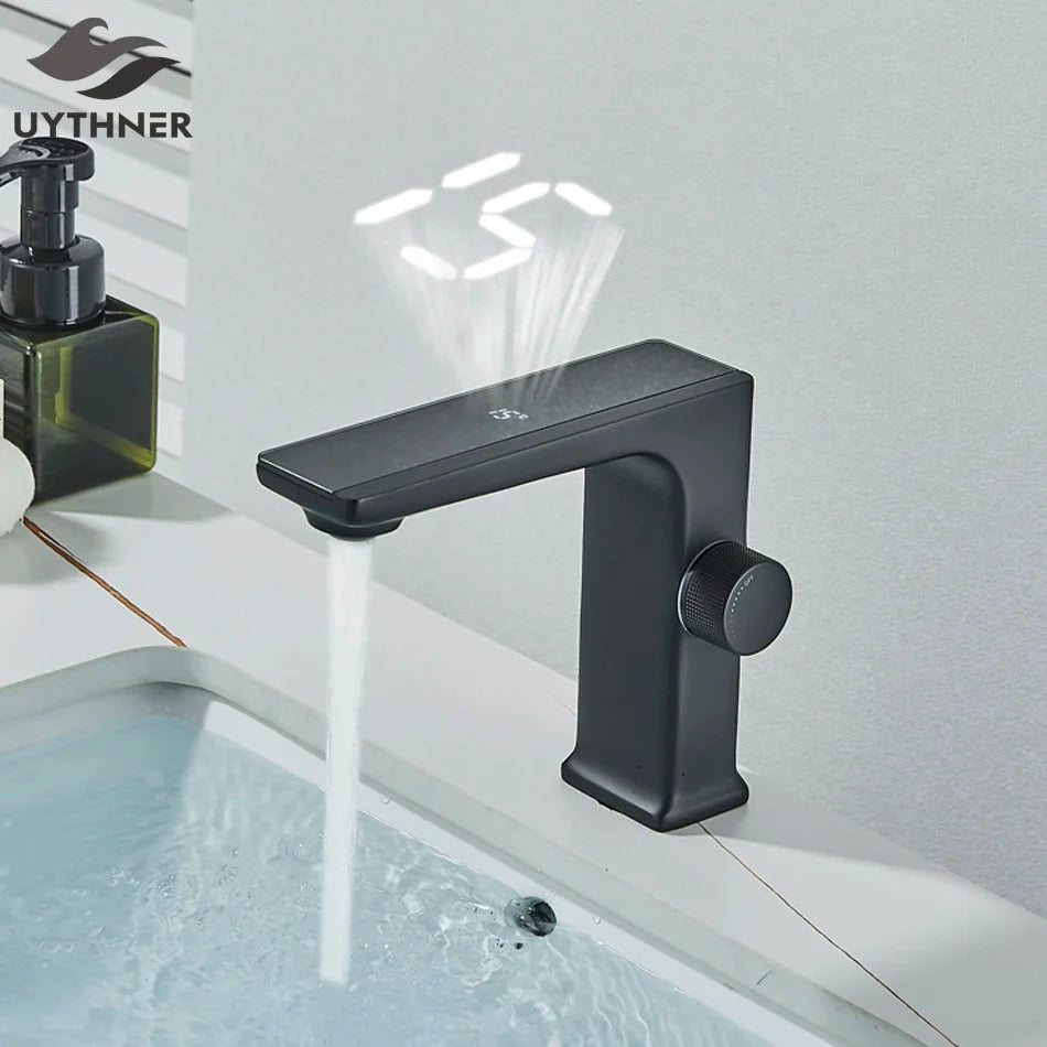 Afralia™ LCD Digital Basin Faucet Brass Mixer Tap Hot Cold Deck Mounted Display