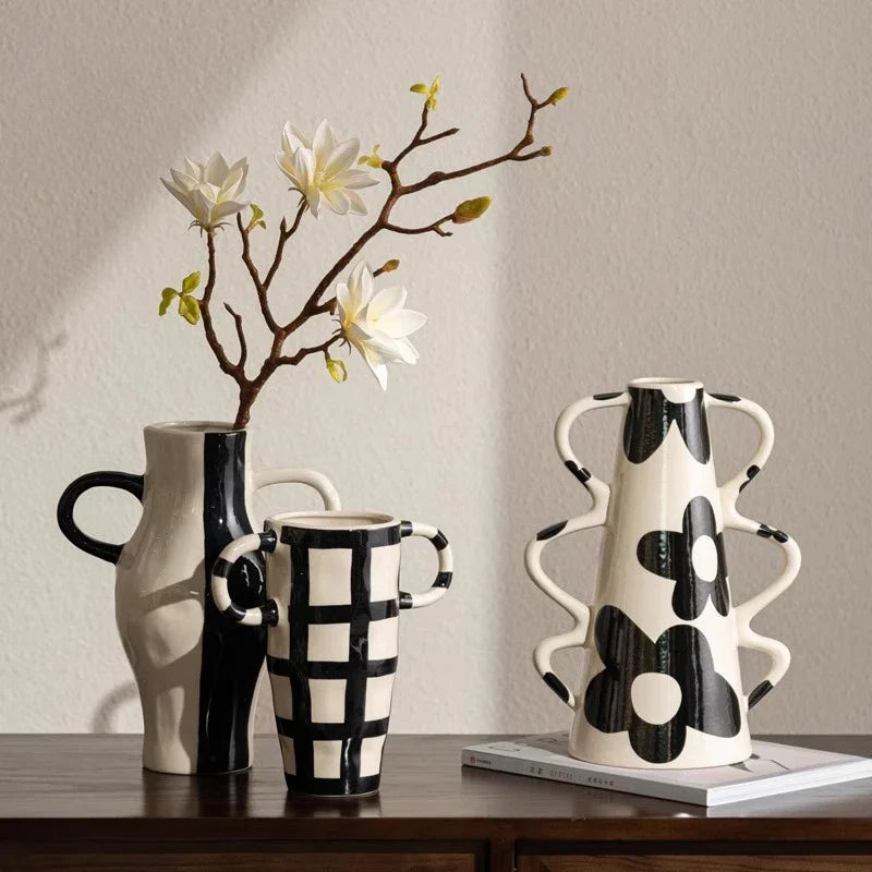 Afralia™ Geometric Check Pattern Ceramic Vase with Handle for Home Decoration