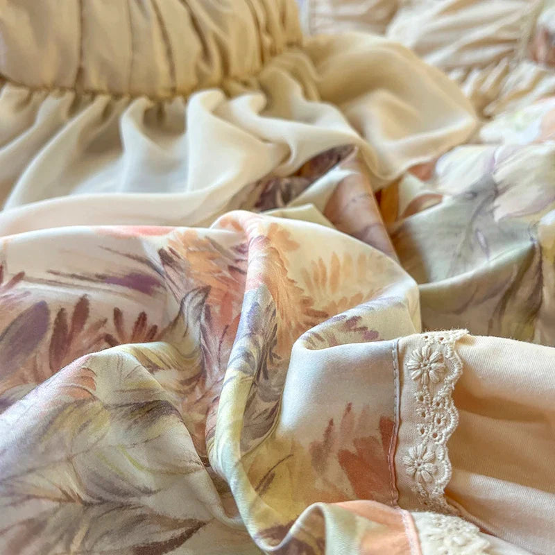 Afralia™ Tropical Leaves Botanical Print Bedding Set with Ruffles, French Vintage Flamingo Duvet Cover