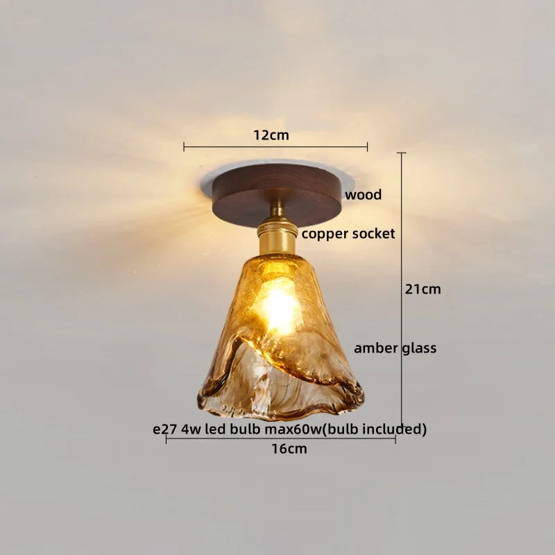 Afralia™ Amber Glass LED Ceiling Light: Modern Aluminum Wood Kitchen Balcony Room Lamp